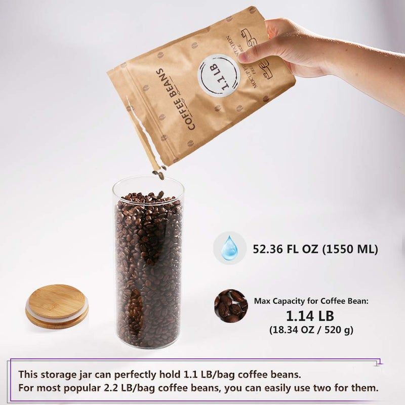 77L Glass Coffee Bean Container, 52.36 FL OZ (1550 ML), [Thickened Version] 77L Glass Food Storage Jar with Airtight Seal Bamboo Lid - Clear Food Storage Canister for Serving Tea, Coffee, Spice and More - Image 3